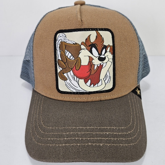 Taz Devil Logo Cartoon Gold Star Snapback Brown Front Gray Mesh Hat / Cap - Picture 9 of 9